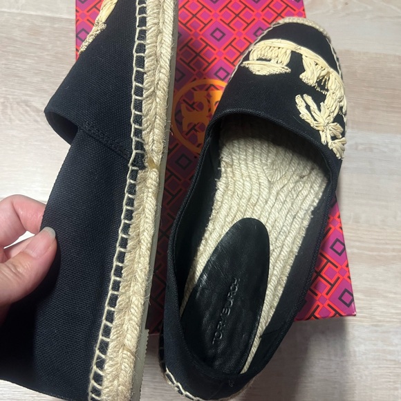 Tory Burch Black and Tan raffia Embroidered Espadrilles